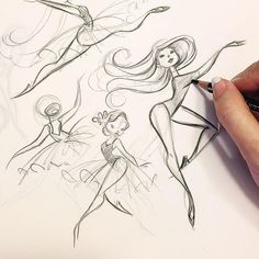 someone is drawing some disney princesses in their own poses with pencils on paper