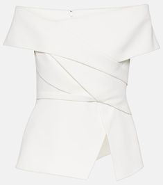 Bridal Eimear off-shoulder crêpe top in white - Safiyaa | Mytheresa Crop White Top, Embellished Clutch, Crepe Top, Ivory Tops, Peplum Hem, Wool Pants, White Crop Top, White Blouse, White Tops