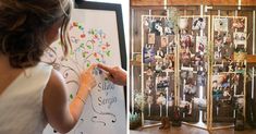 a woman in white dress standing next to a screen with pictures on it and another person drawing