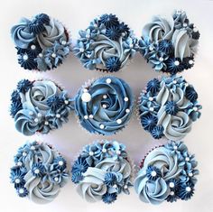 twelve cupcakes with blue frosting and white flowers on them are arranged in the shape of a flower