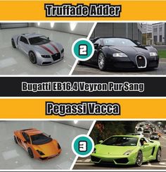 four different types of cars are shown in this graphic above the words, bugatti e16, veyron pur sange and pegassi vacca