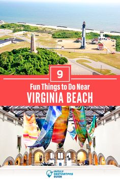 an aerial view of the ocean with colorful flags in front of it and text overlay that reads 9 fun things to do near virginia beach