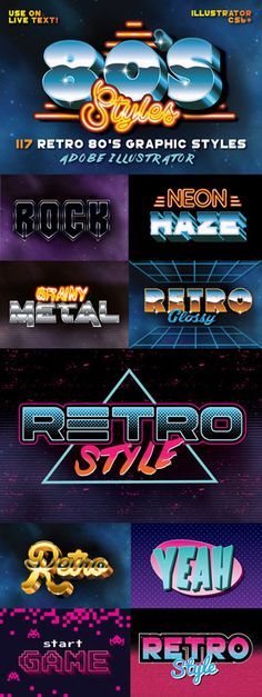 an old school video game poster with the titles in different colors and font, all on one