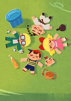 several cartoon characters laying on the ground with their hands in each other's pockets