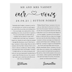 a white card with the words mr and mrs smith our vows in cursive font