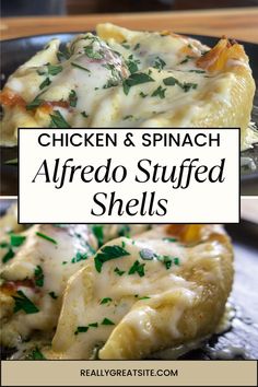 Chicken & Spinach Alfredo Stuffed Shells Cheesy Chicken Stuffed Shells, Chicken And Cheese Stuffed Shells, Sausage Stuffed Pasta Shells, Big Shell Pasta Recipes Chicken, Shells Pasta Recipes Chicken, Stuff Shells With Chicken, Stuffed Jumbo Shells Recipe Spinach Ricotta, Chicken Spinach Stuffed Shells