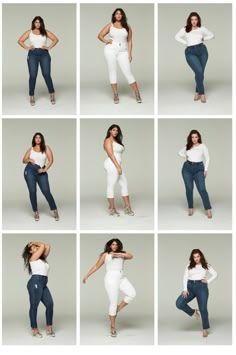 the woman is wearing all white and posing for different pictures in her pants, top, shirt and shoes