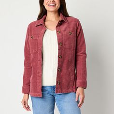 This St. John's Bay women's corduroy shirt jacket is a versatile and stylish layering piece to add to your collection for cooler days. It's made from a cotton-blend offering midweight warmth and has a regular-fit, a point collar, long sleeves, two side slip pockets, and two chest button pockets for added convenience. Wear it with jeans and ankle boots for a chic look.Closure Type: ButtonFit: Regular FitPockets: 2 Chest Button Pockets, 2 Side Slip PocketsSleeve Length: Long SleeveWarmth Factor: M Womens Shirt Jacket, Shirt Jacket Outfit Women, Shirt Jacket Outfit, Corduroy Shirt Jacket, Jacket Outfit Women, Corduroy Shirt, Shirt Jackets, Womens Shirt, Red Jacket