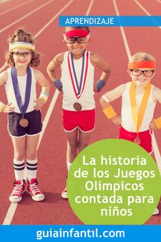 three young children standing on a race track with medals in their hands and the words, la historic de los juegos olympics contra para nios