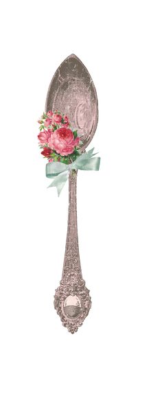 a drawing of a spoon with flowers on it and a bow around the handle that is attached to it