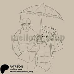 a drawing of two people holding an umbrella