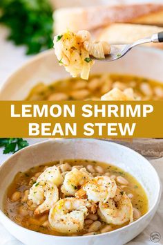 a bowl of lemon shrimp bean stew with a spoon in it