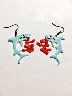 Shark Earrings.  Frenzied and gory, just like real life!   100% naural Latex rubber Shark Earrings, Jewelry Earrings Dangle, Real Life, Etsy Earrings, Dangle Drop Earrings, Dangle Earrings, Handmade Items, Jewelry Earrings, Drop Earrings