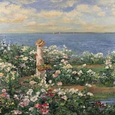 a painting of a woman in a garden by the ocean