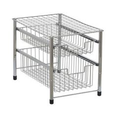 a metal shelf with two baskets on it