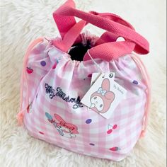 Sanrio My Melody Lunch Bag With Drawstring. - My Melody - Pink Tote With Drawstring And Handle - Insulated - Easy To Clean, Wipe With Damp Cloth - 100% Polyester - Size: 10.5”X8”X4.5” Cute Pink Lunch Bag For Gift, Everyday Pink Bags, Cute Pink Lunch Bag For Playtime, Cute Pink Bucket Bag, Cute White Lunch Bag For School, Cute White School Lunch Bag, Y2k Hello Kitty, Sanrio Accessories, Hello Kitty Purse