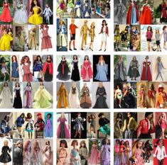 many different types of dolls are shown in this collage, all dressed up and ready to