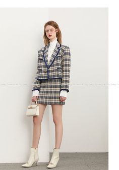 DPLAY2022 autumn new style edging contrast color ribbon small British plaid short jacket skirt suit set- Kia Blazer And Skirt Outfits, Flannel Skirt, Skirt Suit Set, Blazer And Skirt, Cocktail Evening Dresses, 2024 Fashion, Plaid Shorts