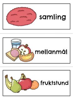 three different fruits and vegetables are shown with the words in each language, which includes an apple