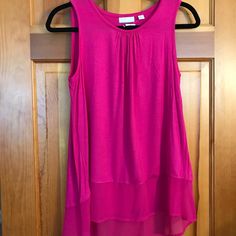 New York & Company Hot Pink, Fuschia Sleeveless Tank Top With Sheer Bottom Edging. Longer In The Back Than Front. Very Cute Sheer Edging On Bottomif Shirt In Front And Back. Chest Meausrement Aplrox. 17”, Front Length 24”, Back Length 28”. 95% Viscose, 5% Spandex. Soft And Comfy! First Picture Is True To Color. Sleeveless Knit Top, Sleeveless Knit, Sleeveless Tank Top, Sleeveless Tank, To Color, One Pic, Knit Top, Hot Pink, Tank Top