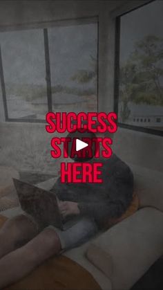 a man laying on top of a bed with a laptop computer next to him and the words success starts here