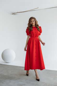 Fabric: Crepe Viscose 50%, Polyester 40%, Elastane 10% Round Neck Short puffed-sleeve Flared waist Buttoned Midi length Midi Dress Modest, Midi Prom Dress, Dress Modest, Red Midi, Red Midi Dress, Red Button, 2024 Fashion, Button Dress, Sequin Top