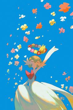 an animated image of a woman floating in the air with flowers on her head and hands