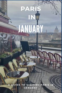 tables and chairs are lined up on the sidewalk in front of a building with a sign that reads paris in january