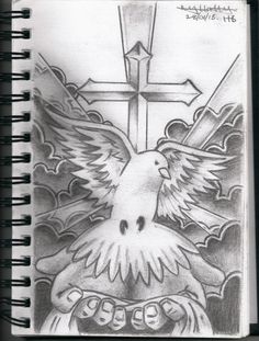 a pencil drawing of a dove with a cross in the background and clouds around it