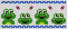 a cross stitch pattern with three green cartoon characters