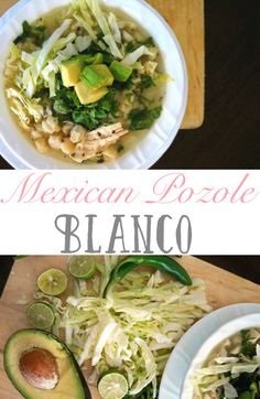 mexican pozole with shredded cabbage and avocado in a white bowl on a cutting board