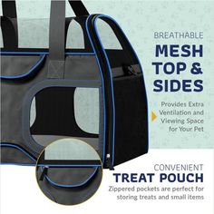 an image of a dog carrier with the words breathable mesh top and sides