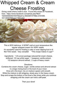 the recipe for whipped cream and cream cheese frosting is shown in this advert