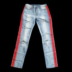 Yrn Thugger Red Stripe Jeans Distressed Ripped Skinny Womens 30x31 Light Indigo The Distressing And Red Marks On Fabric Are Factory Intentionally Manufactured. Unisex Jeans With Slight Stretch Rise 11 Inch Inseam 31 Inch Trendy Red Distressed Bottoms, Casual Distressed Red Bottoms, Casual Red Distressed Bottoms, Red Cotton Jeans For Streetwear, Ripped Knee Jeans, Indigo Color, Premium Denim Jeans, Red Marks, Striped Jeans