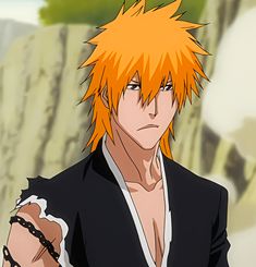 an anime character with orange hair and piercings on his arm, wearing a black suit