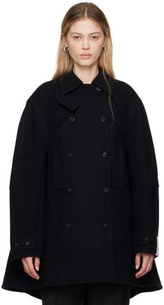 Stretch wool melton peacoat. · Button tab at spread collar · Double-breasted button closure · Flap and welt pockets · Adjustable button tab at cuffs · Logo patch at cuff · Inverted box pleat at back · Welt pockets at interior · Full viscose-blend satin lining Supplier color: Dark navy Oversized Pea Coat With Button Closure For Winter, Oversized Winter Pea Coat With Button Closure, Winter Oversized Pea Coat With Button Closure, Classic Collared Pea Coat With Button Closure, Classic Collared Pea Coat, Oversized Pea Coat With Buttons For Fall, Oversized Winter Pea Coat With Buttons, Winter Oversized Pea Coat With Buttons, Oversized Winter Pea Coat