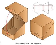 an open cardboard box with the lid closed and side view showing how to cut it