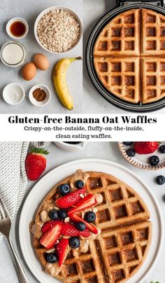 gluten free banana oat waffles with berries and blueberries