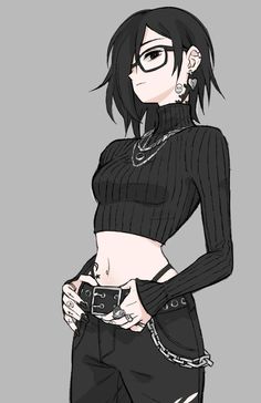 a drawing of a woman with black hair and glasses on her head, wearing jeans