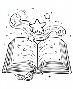 an open book with stars coming out of it and the pages are black and white