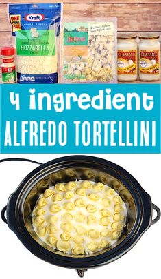 the ingredients in this slow cooker are being prepared to make alfredo tortelli