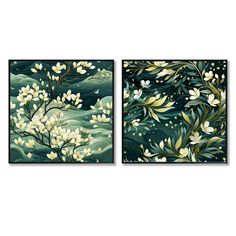 two paintings with white flowers and green leaves