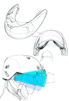 two drawings of helmets with blue light on them