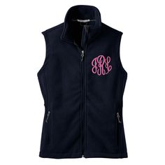 Shop Monogrammed Fleece Vests. Perfect for layering under a coat or throwing over a tshirt for the perfect look this fall. Makes a great gift or buy for yourself. Too cute and too practical not to have this season!Fleece vest comes with your monogram embroidered on the left chest. You choose the color of vest as well as the embroidery color.DESCRIPTION13.8-ounce, 100% polyesterGently contoured silhouetteTwill-taped neckReverse coil zipperChin guardBungee cord zipper pullsTricot-lined armholesFro Preppy Christmas Gifts, Monogram Vest, National Charity League, Sorority Letters, Preppy Christmas, Marley Lilly, Mississippi State, Greek Clothing, All I Want For Christmas