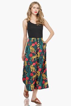 Boho wide leg pants for women Vibrant tropical and animal print Flowing silhouette Made with 100% polyester Inseam - Check the Size chart for accurate inseam size  Stay vibrant and chic in our Jaguar Paradise Wide Leg Pants! This vivid tropical print is gorgeous with fierce yellow jaguars, jungle greens, and fantastic red roses . A killer pattern in a flowing wide leg silhouette means you'll be looking AND feeling fabulous all night long! Who says boss babes can't play with color? The Jaguar Pa Boho Wide Leg Pants, Embroidered Shoulder Bag, Simple Tank Tops, Free Spirited Woman, Jungle Green, Wide Trousers, Silk Cami, Black Stilettos, Printed Trousers