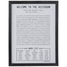 a black and white framed word search print with the words'welcome to the restroom '