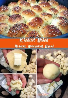 the process for making homemade chaat bread is shown in four different pictures, including buns and cheese