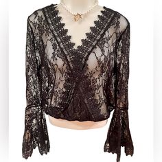 Polly Esther New With Tags Sz L Nb Black V-neck Lace Top, Black Lace V-neck Top, Lace V-neck Top For Party, Party Lace V-neck Top, Lace V-neck Top For Evening, Lace V-neck Evening Top, Black Lace Trim Top For Night Out, Black Fitted V-neck Lace Top, Chic Black Lace Tops