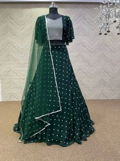 Party Wear Georgette Fancy Embroidery Green Colored Lehenga Wedding Half Saree, Embroidery Green, Fancy Embroidery, Half Saree Lehenga, Global Dress, Beautiful Dress Designs, Boutique Dress Designs