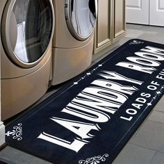 a laundry room door mat that says laundry monday and looks great in front of washer and dryer